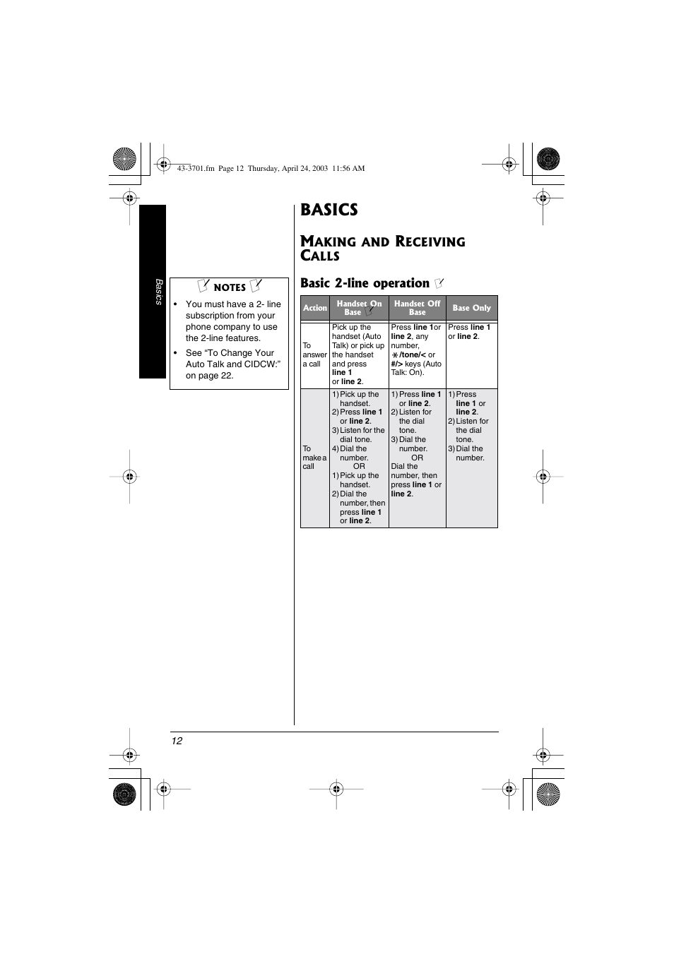 Basics, Making and receiving calls, Basic 2-line operation | Radio Shack 43-3701 User Manual | Page 12 / 44