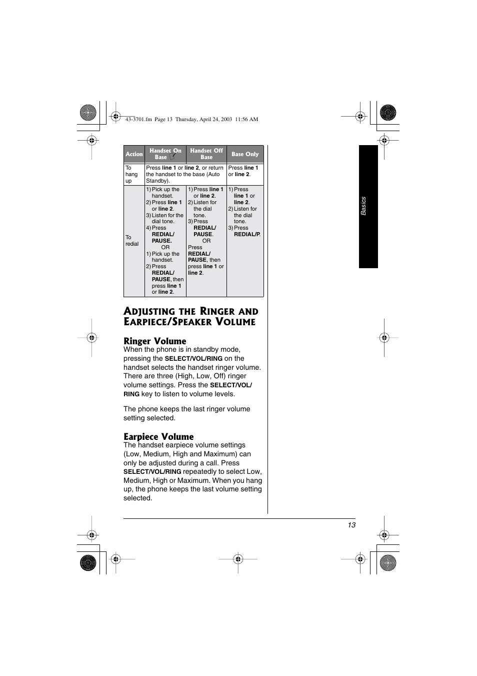 Adjusting the ringer and earpiece/speaker volume, Ringer volume, Earpiece volume | Radio Shack 43-3701 User Manual | Page 13 / 44