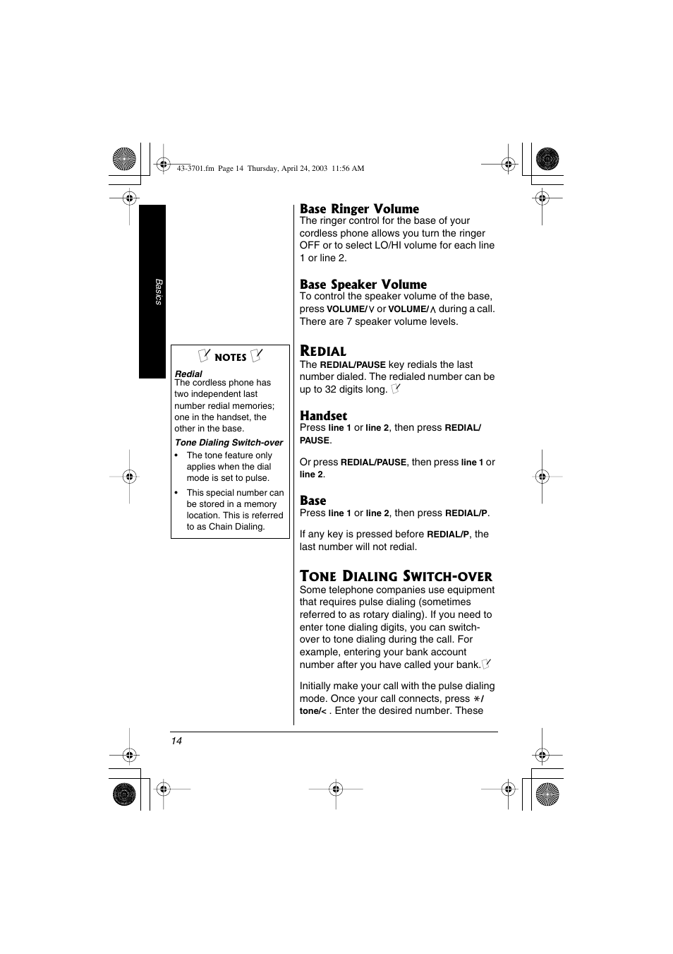 Redial tone dialing switch-over . 14 | Radio Shack 43-3701 User Manual | Page 14 / 44