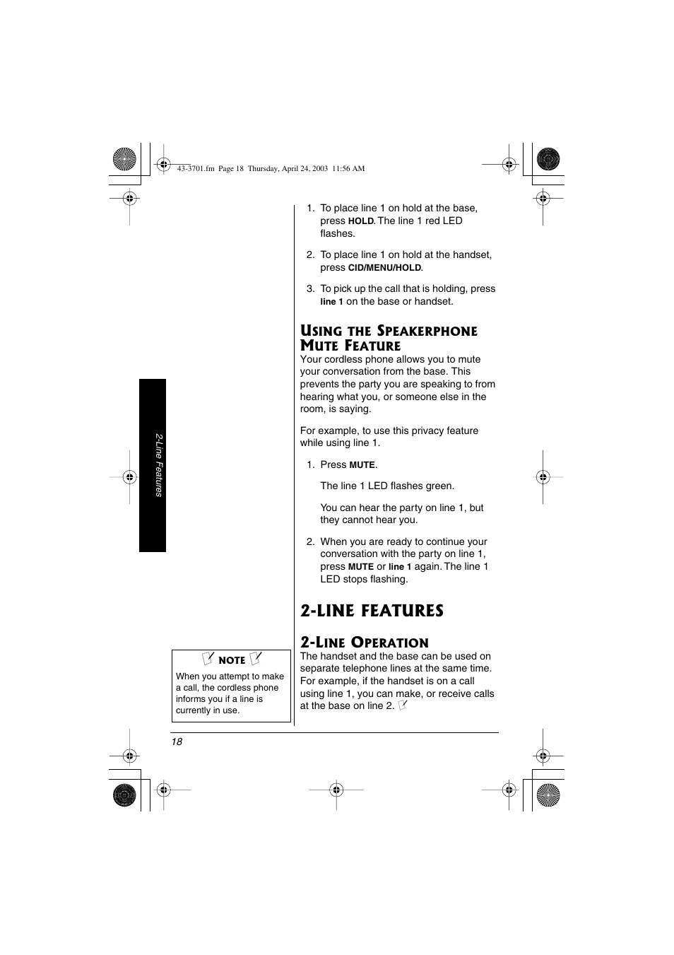 Using the speakerphone mute feature, Line features, Line operation | Radio Shack 43-3701 User Manual | Page 18 / 44