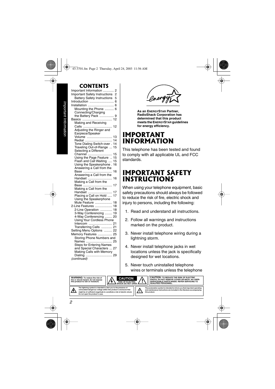 Radio Shack 43-3701 User Manual | Page 2 / 44