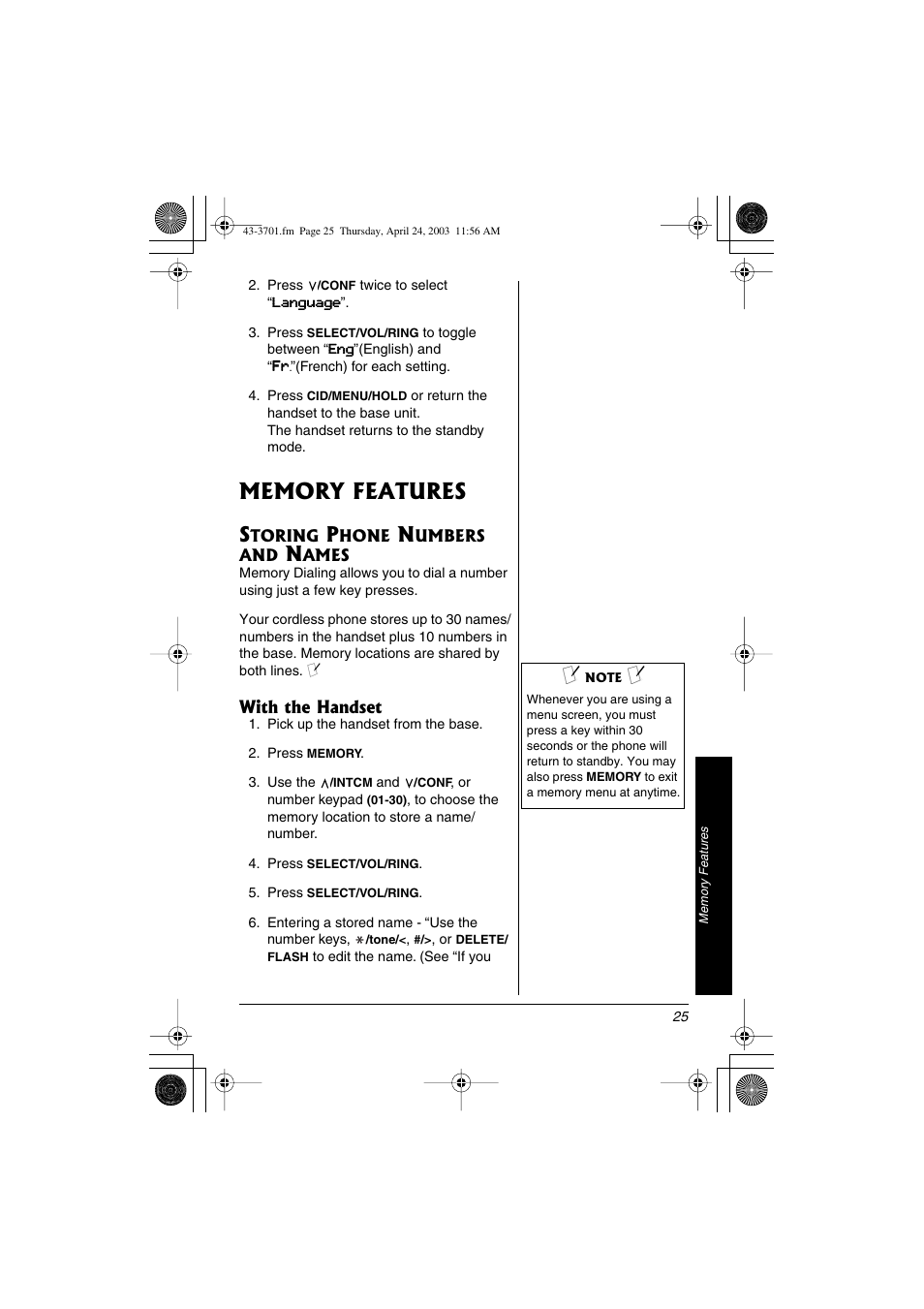 Memory features, Storing phone numbers and names | Radio Shack 43-3701 User Manual | Page 25 / 44