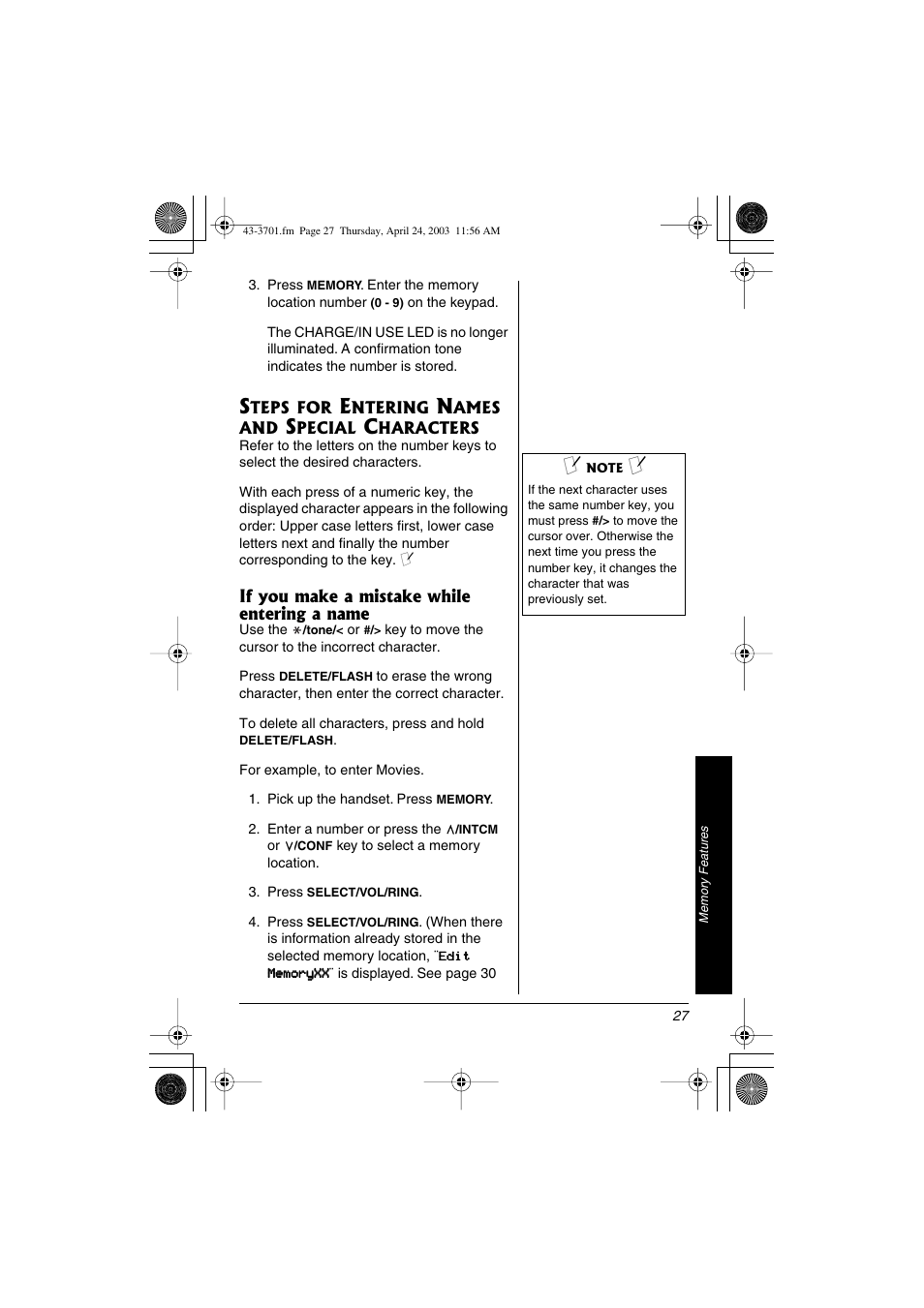 Steps for entering names and special characters | Radio Shack 43-3701 User Manual | Page 27 / 44