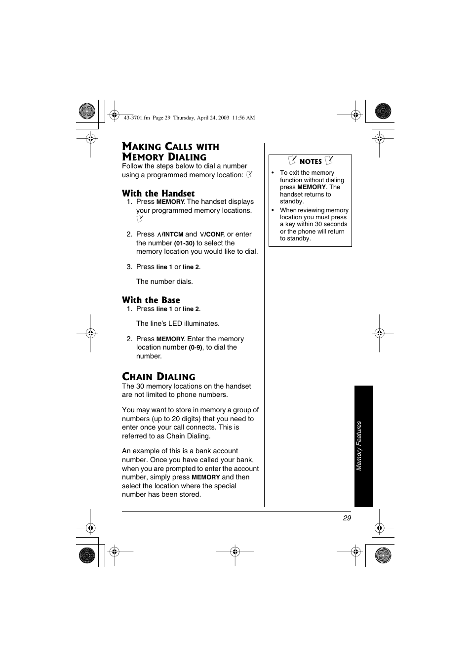 Making calls with memory dialing, Chain dialing | Radio Shack 43-3701 User Manual | Page 29 / 44