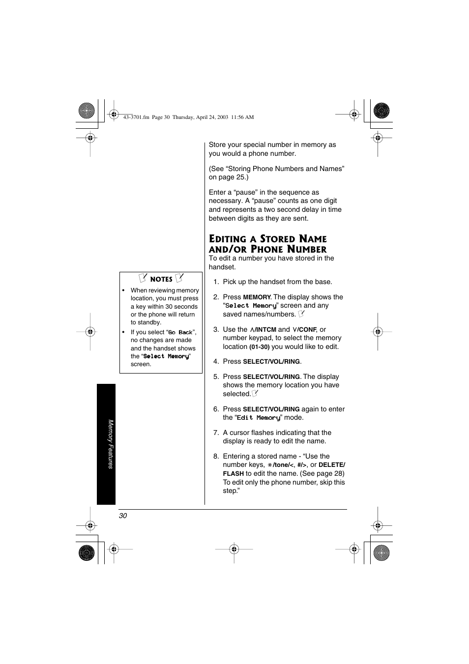 Editing a stored name and/or phone number | Radio Shack 43-3701 User Manual | Page 30 / 44