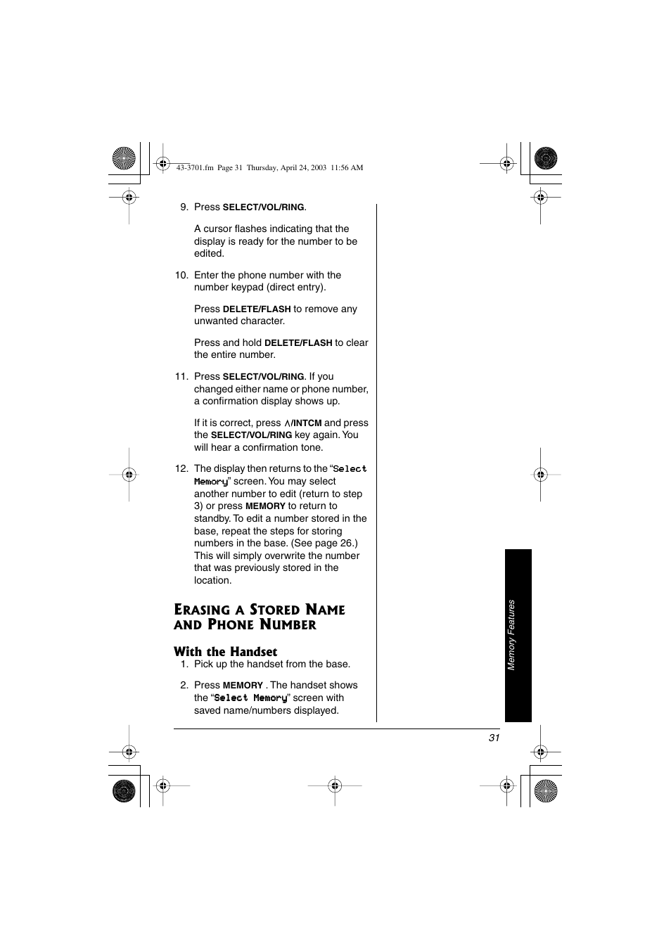 Erasing a stored name and phone number | Radio Shack 43-3701 User Manual | Page 31 / 44