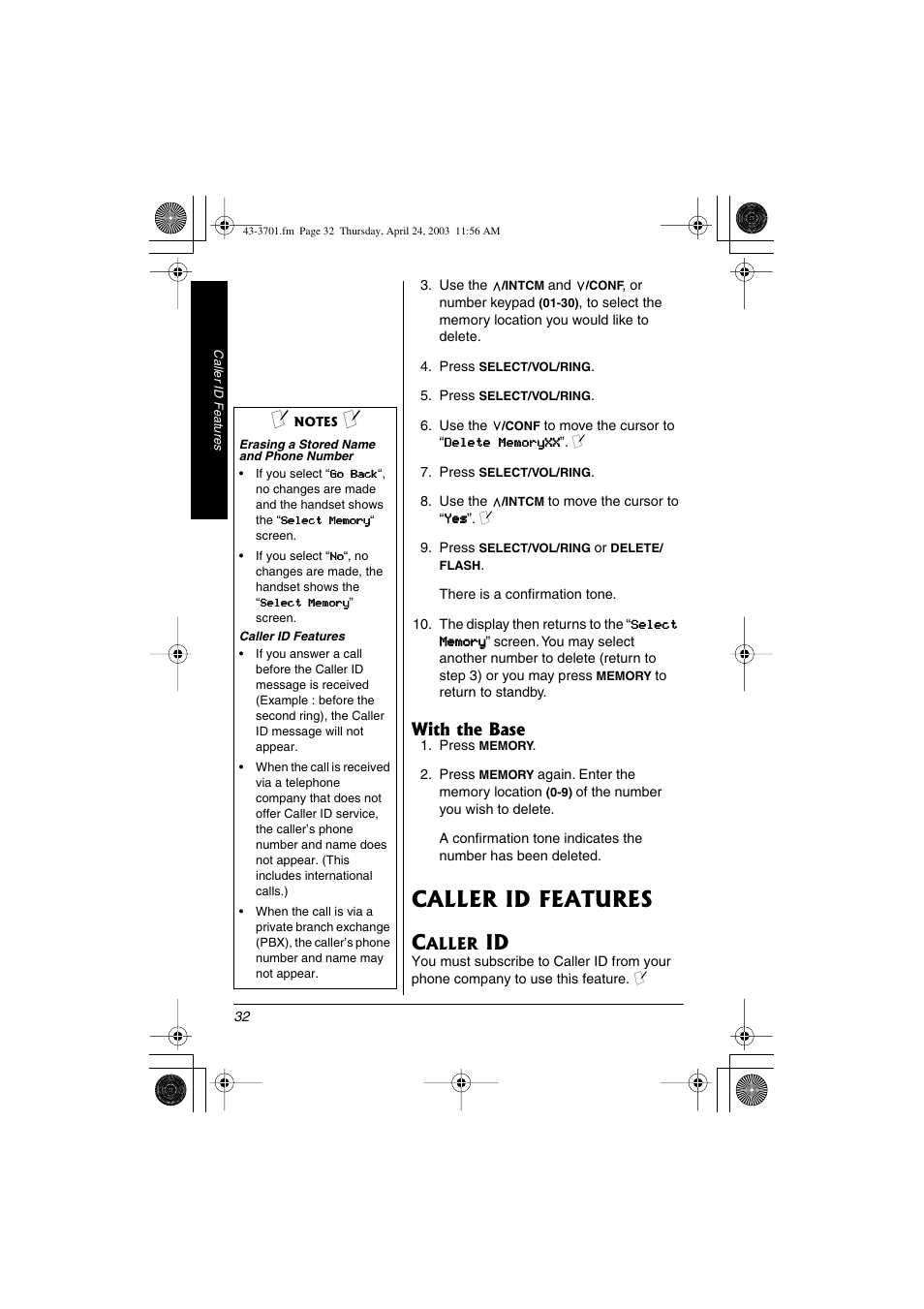 Caller id features, Caller id, With the base | Radio Shack 43-3701 User Manual | Page 32 / 44