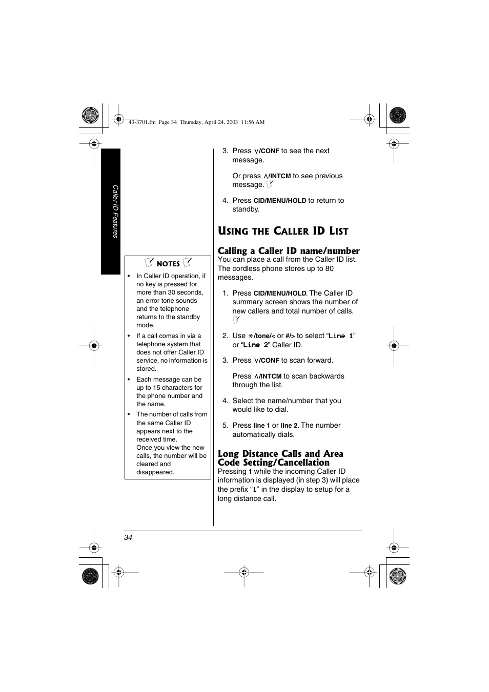 Using the caller id list, Id l | Radio Shack 43-3701 User Manual | Page 34 / 44