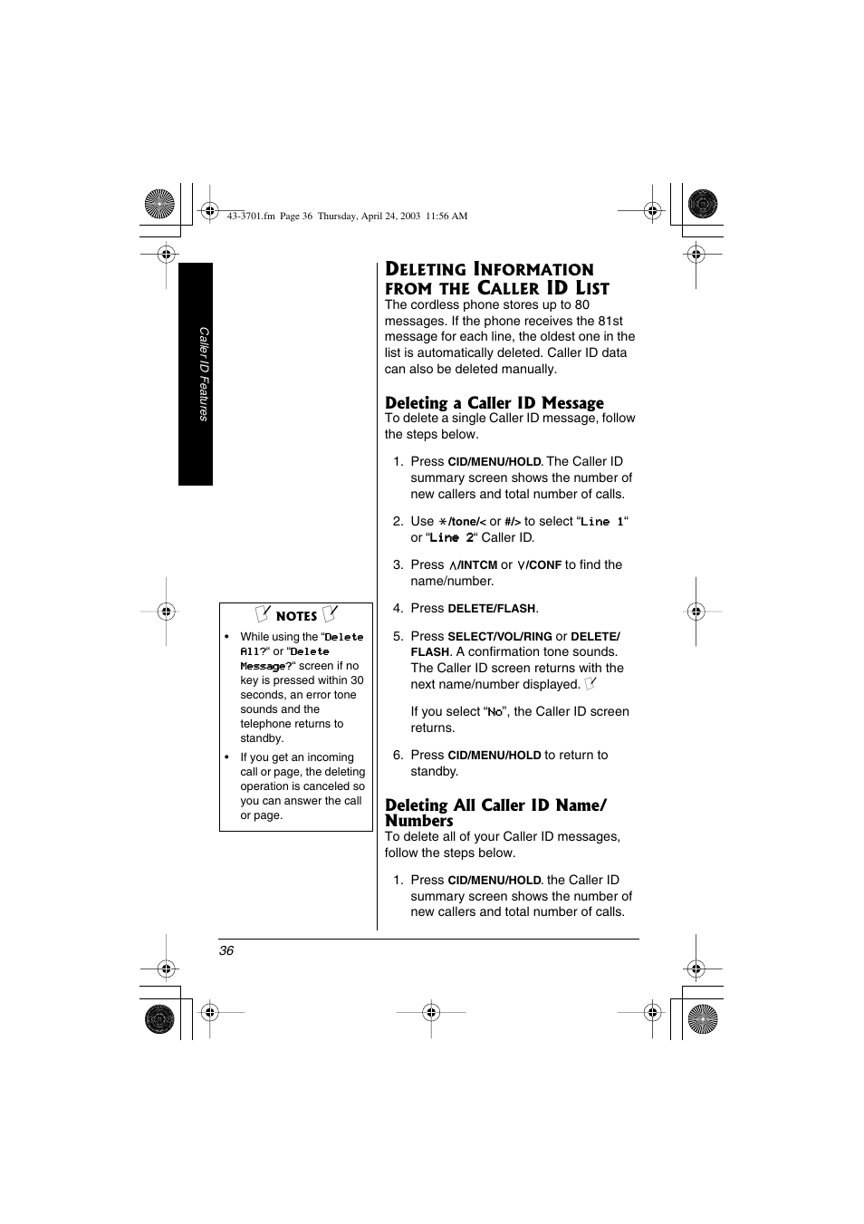 Deleting information from the caller id list, Id l, Deleting a caller id message | Deleting all caller id name/ numbers | Radio Shack 43-3701 User Manual | Page 36 / 44