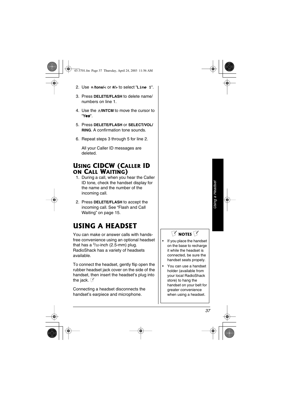 Using cidcw (caller id on call waiting), Using a headset, Cidcw (c | Radio Shack 43-3701 User Manual | Page 37 / 44