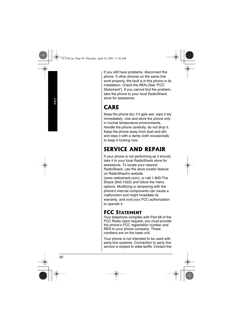 Care service and repair, Fcc statement, Care | Service and repair, Fcc s | Radio Shack 43-3701 User Manual | Page 40 / 44