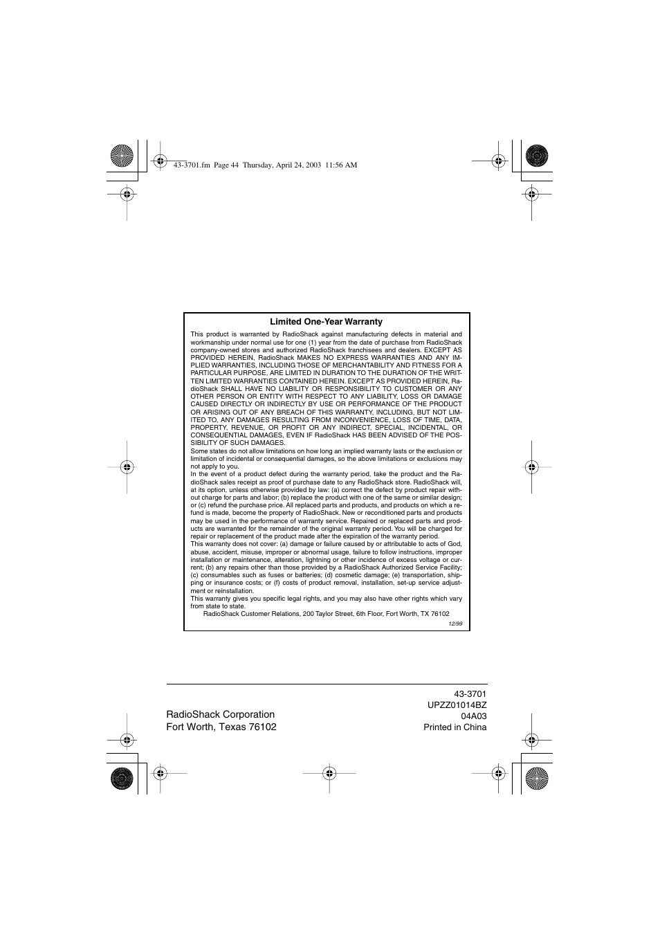 Radio Shack 43-3701 User Manual | Page 44 / 44