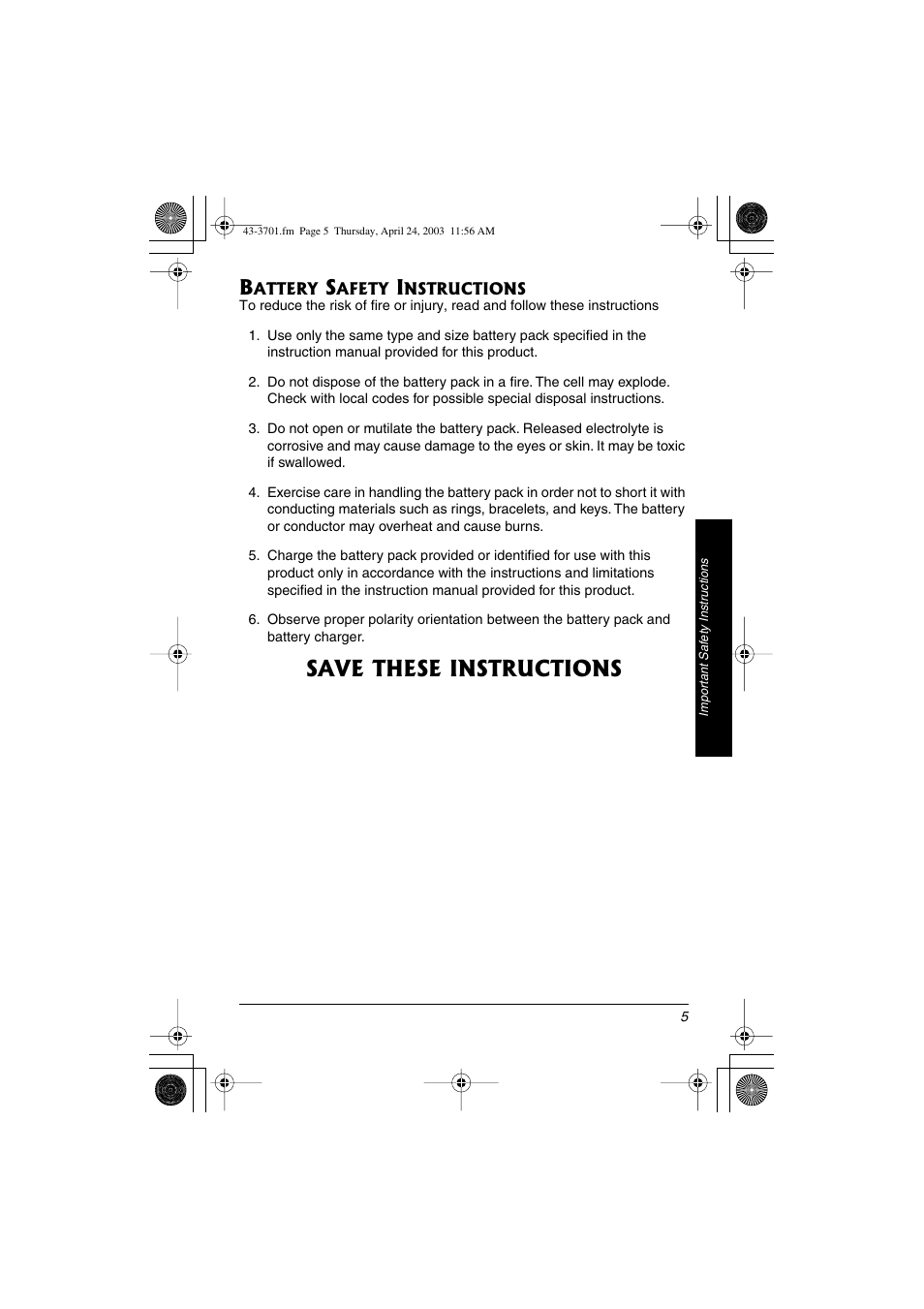 Battery safety instructions 5, Save these instructions | Radio Shack 43-3701 User Manual | Page 5 / 44