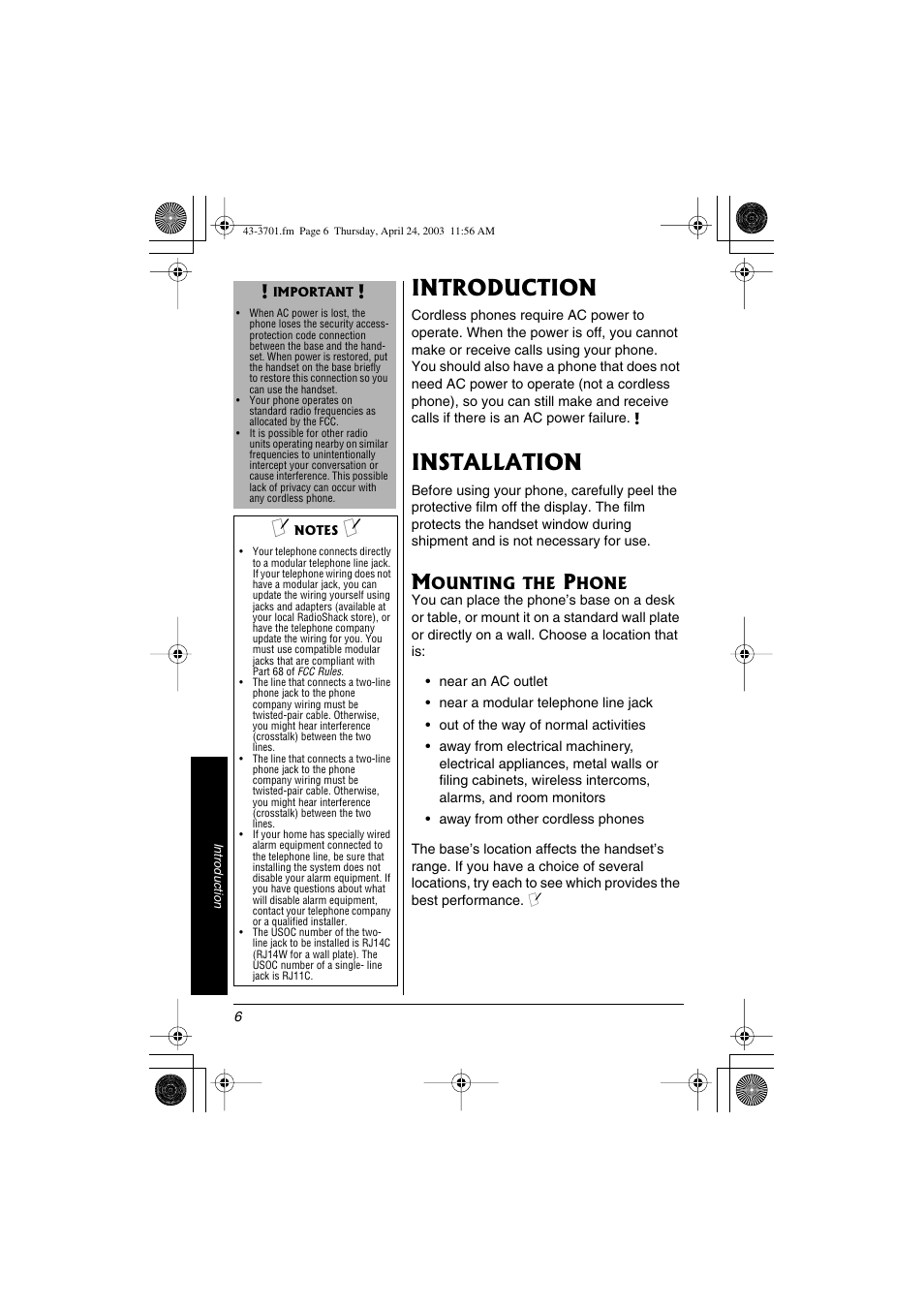 Introduction installation, Mounting the phone, Introduction | Installation | Radio Shack 43-3701 User Manual | Page 6 / 44