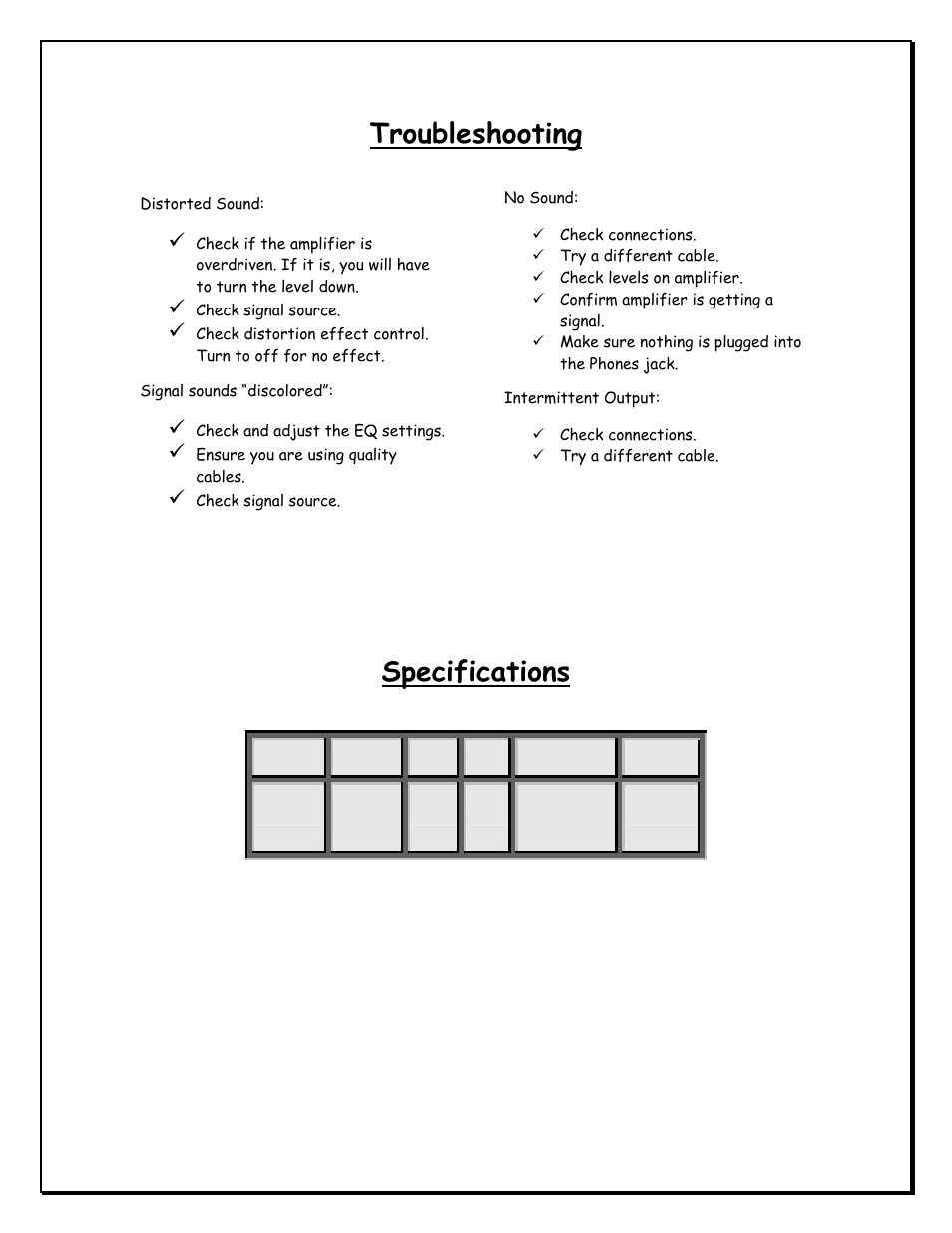 Troubleshooting, Specifications | Radio Shack PPG850A User Manual | Page 3 / 3