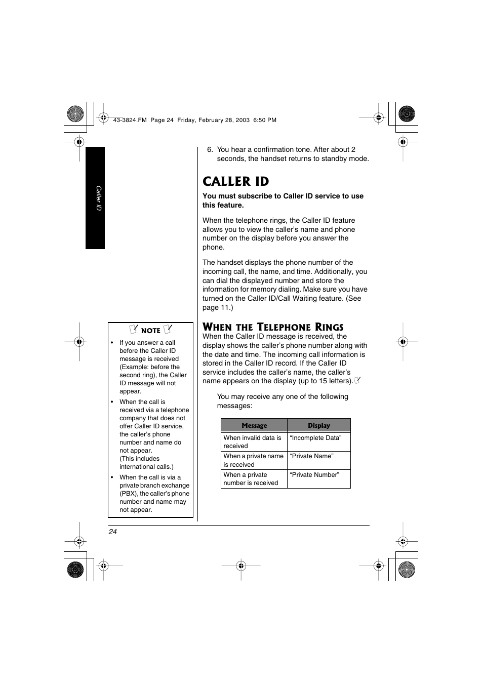 Caller id | Radio Shack 43-3824 User Manual | Page 24 / 48