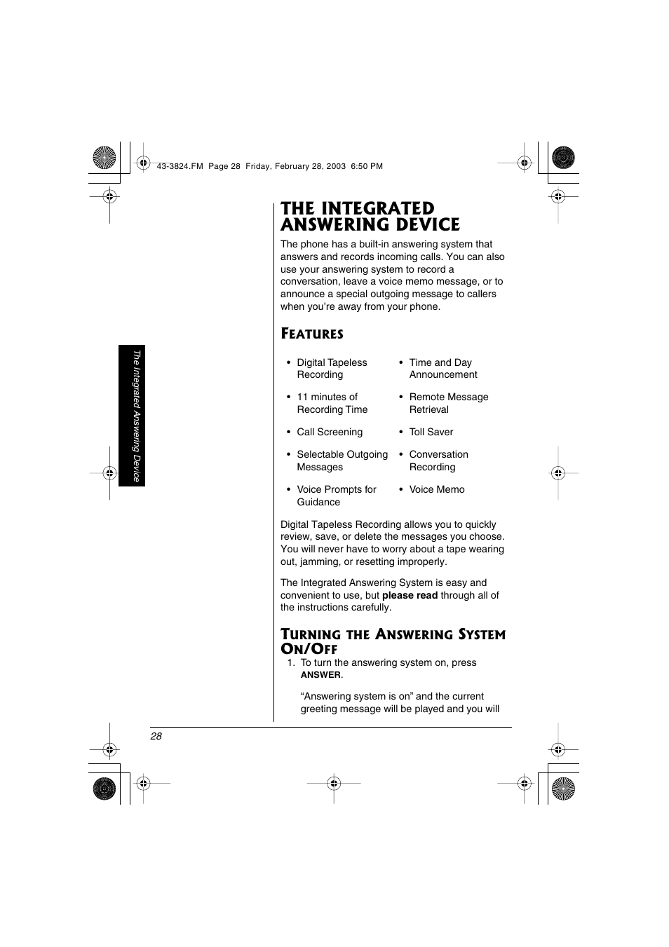 The integrated answering device | Radio Shack 43-3824 User Manual | Page 28 / 48