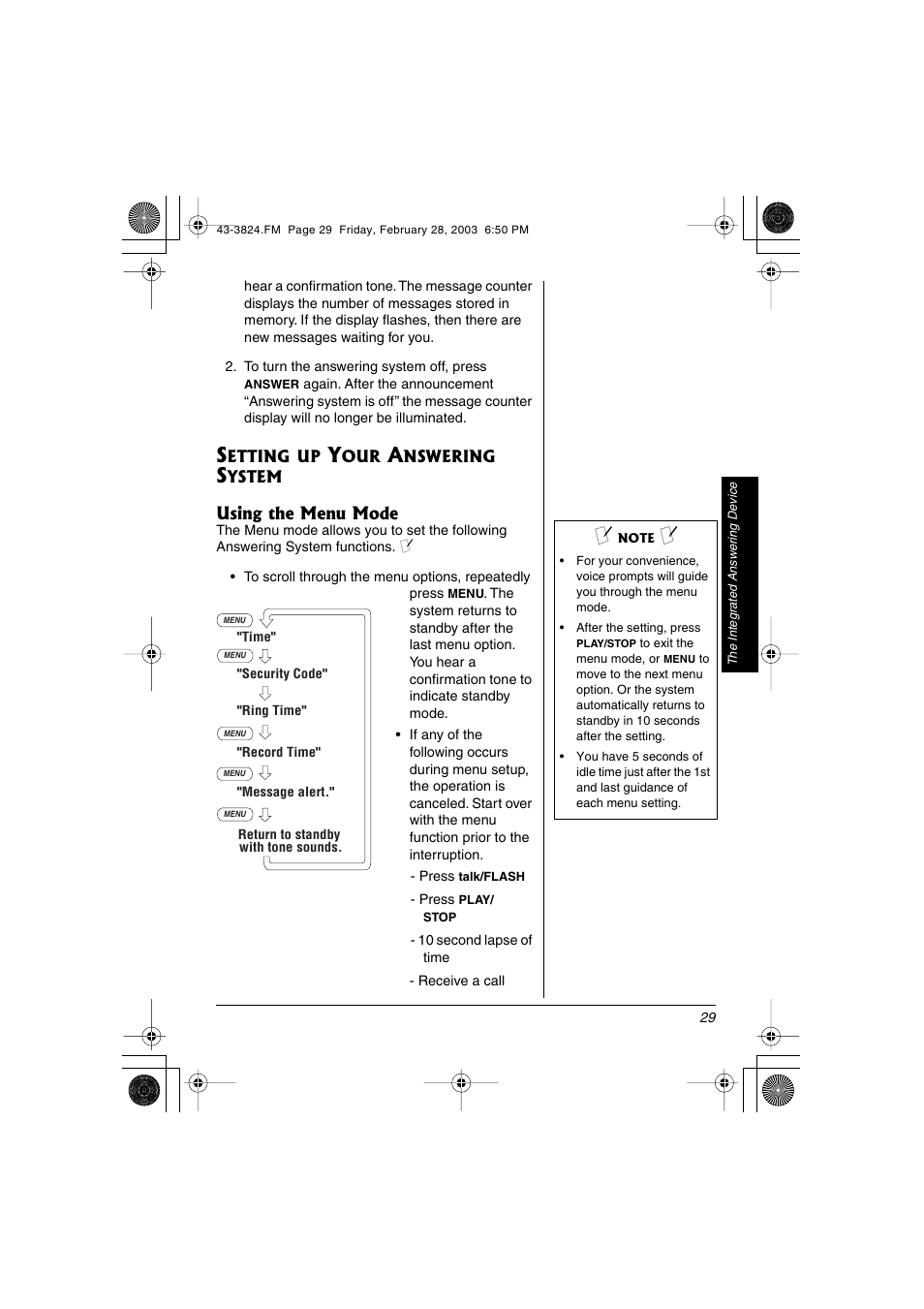 Using the menu mode | Radio Shack 43-3824 User Manual | Page 29 / 48