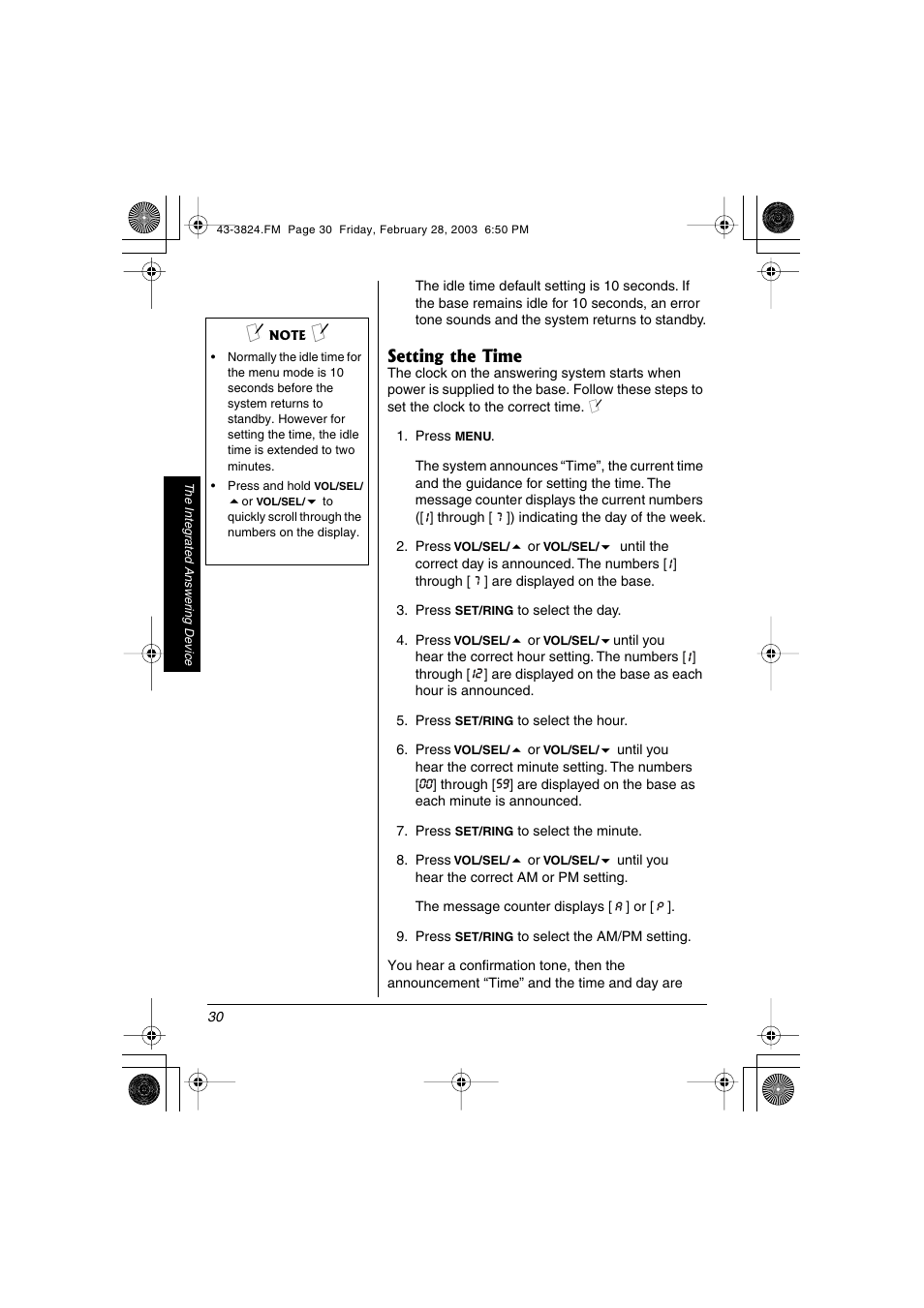 Setting the time | Radio Shack 43-3824 User Manual | Page 30 / 48