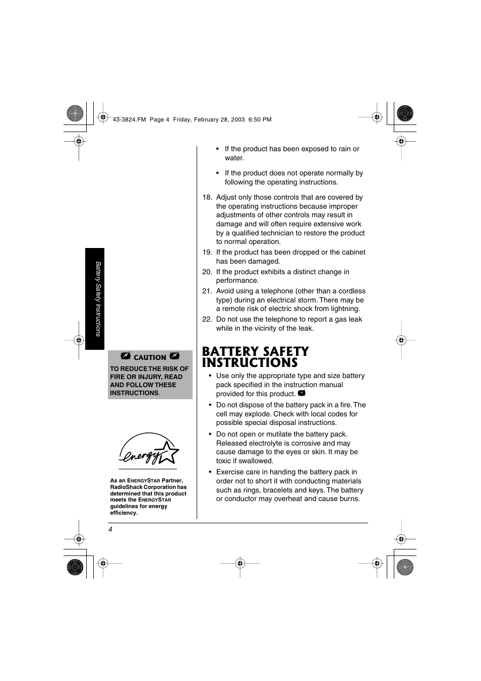 Battery safety instructions | Radio Shack 43-3824 User Manual | Page 4 / 48