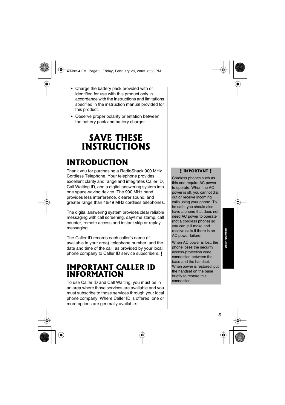 Save these instructions, Introduction, Important caller id information | Radio Shack 43-3824 User Manual | Page 5 / 48