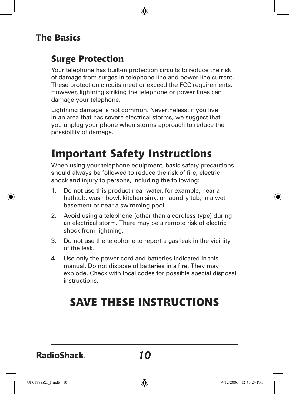 Important safety instructions, Save these instructions, The basics | Surge protection | Radio Shack 43-5862 User Manual | Page 10 / 96