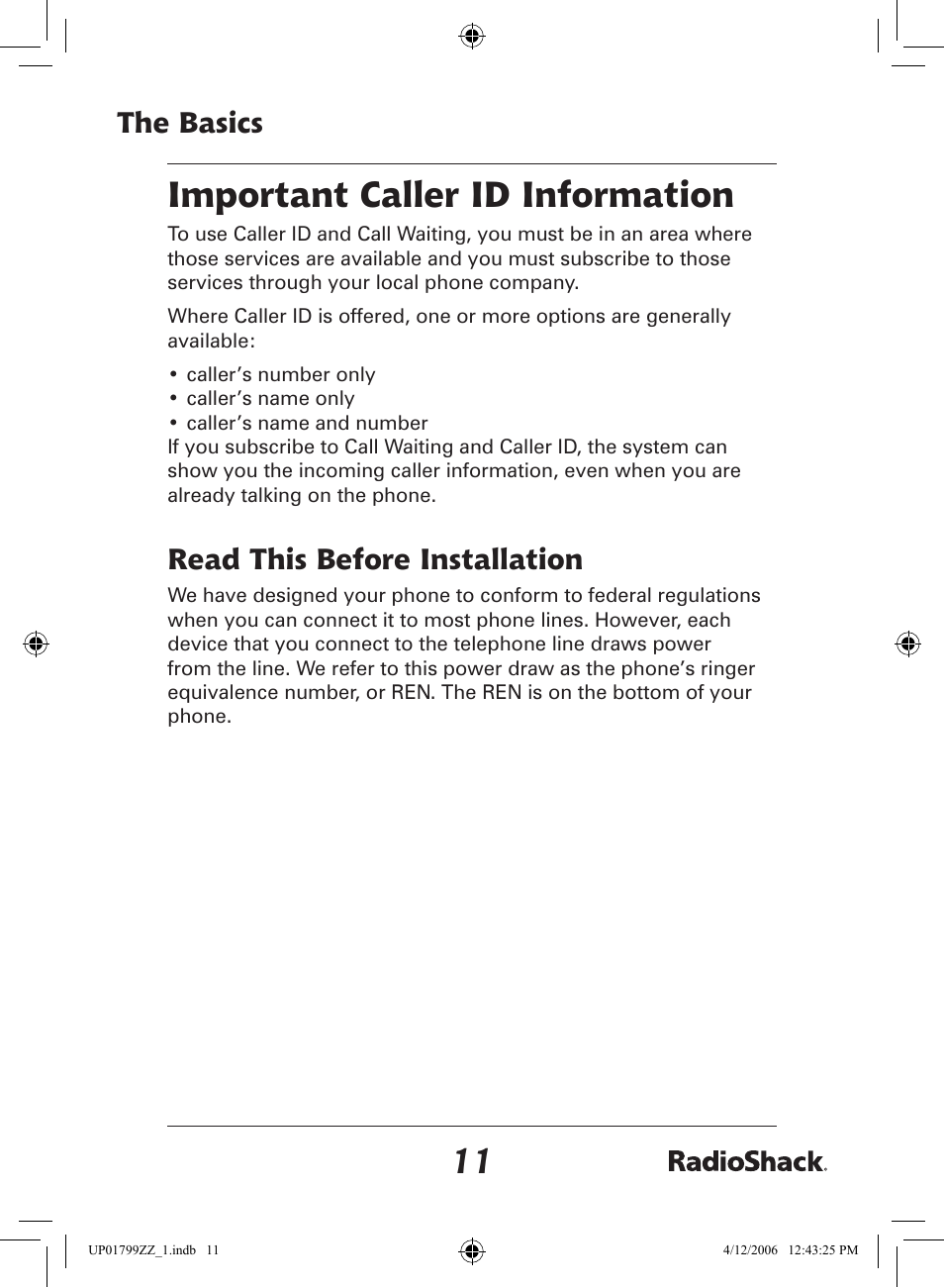 Important caller id information, The basics, Read this before installation | Radio Shack 43-5862 User Manual | Page 11 / 96