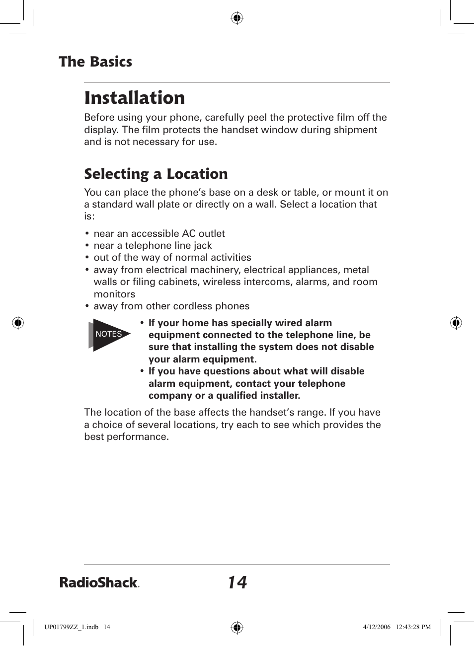 1 installation, The basics, Selecting a location | Radio Shack 43-5862 User Manual | Page 14 / 96