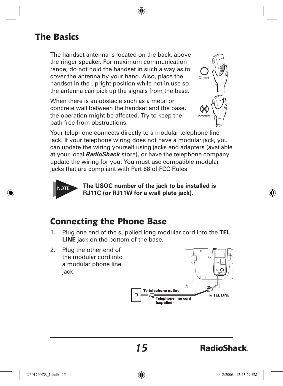 The basics, Connecting the phone base | Radio Shack 43-5862 User Manual | Page 15 / 96