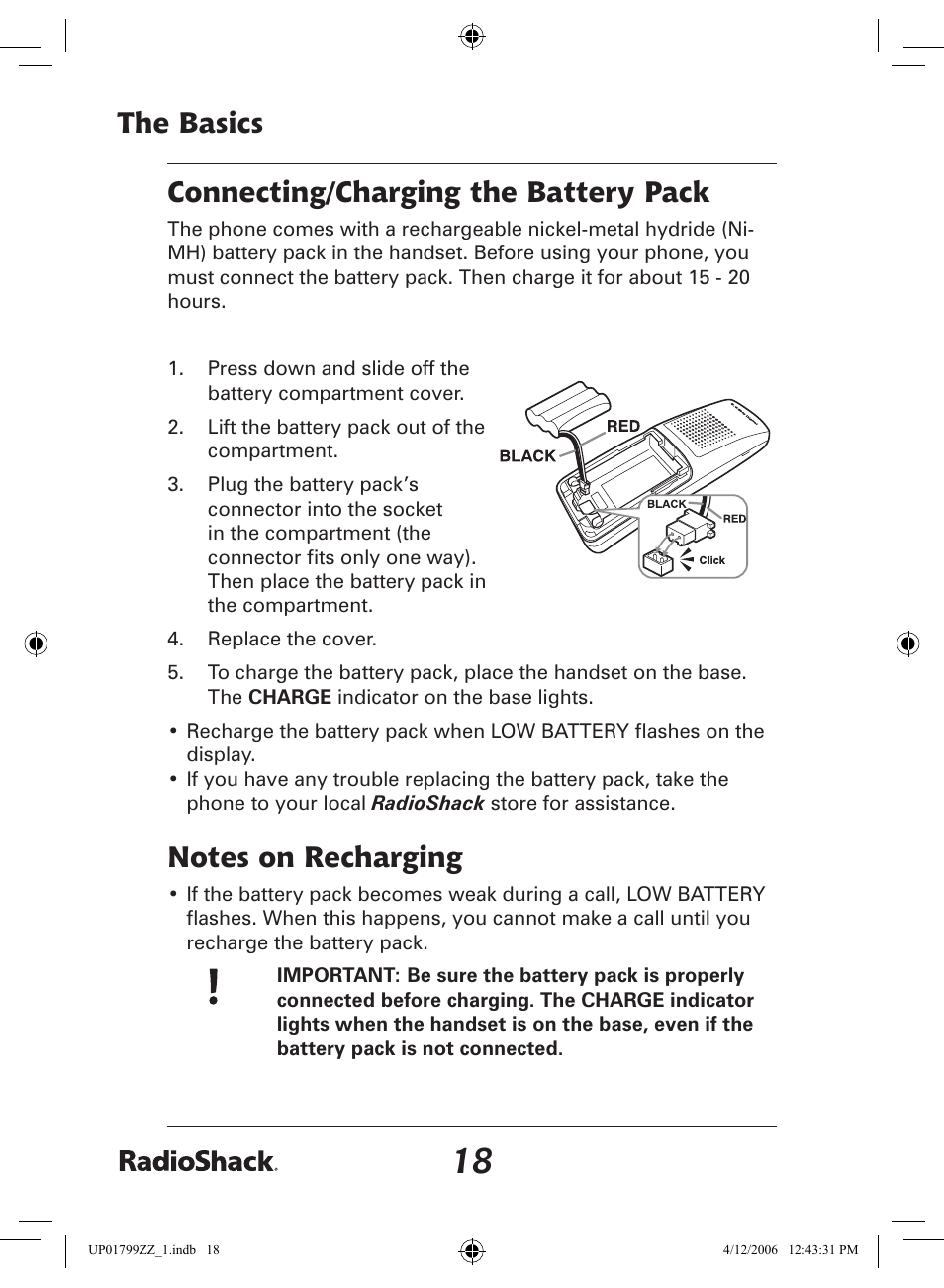 The basics, Connecting/charging the battery pack | Radio Shack 43-5862 User Manual | Page 18 / 96