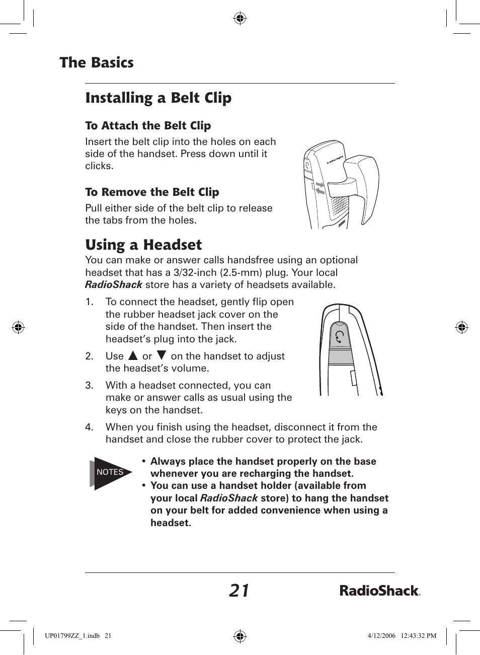 The basics installing a belt clip, Using a headset | Radio Shack 43-5862 User Manual | Page 21 / 96