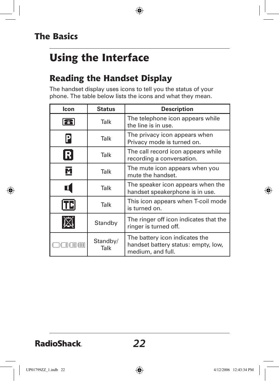 Using the interface, The basics, Reading the handset display | Radio Shack 43-5862 User Manual | Page 22 / 96