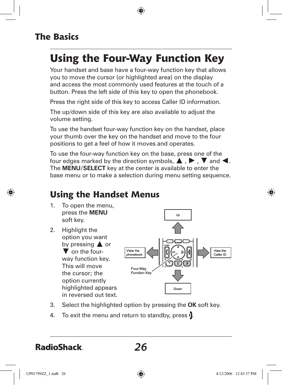 Using the four-way function key, The basics, Using the handset menus | Radio Shack 43-5862 User Manual | Page 26 / 96