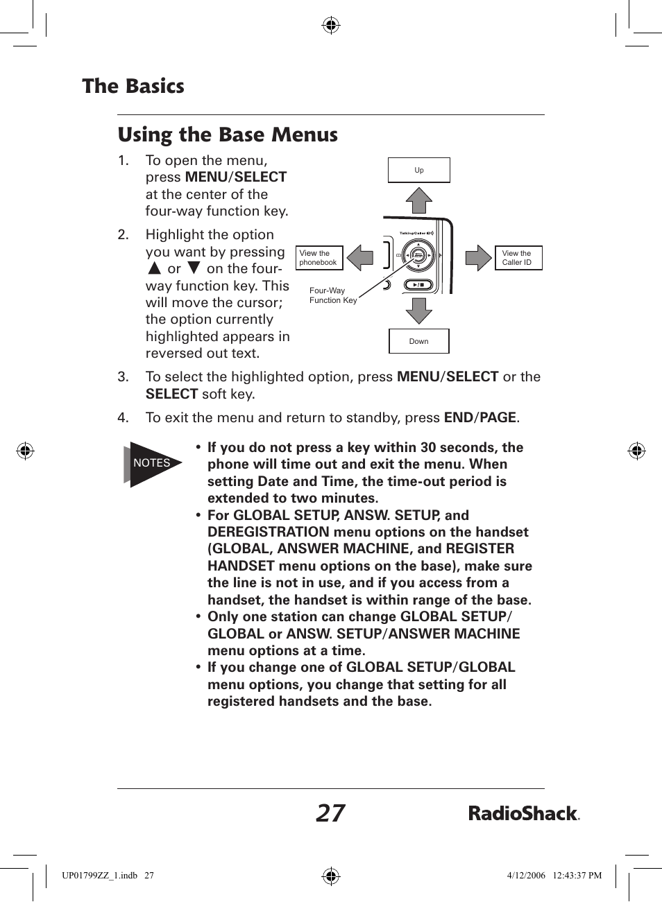 The basics using the base menus | Radio Shack 43-5862 User Manual | Page 27 / 96