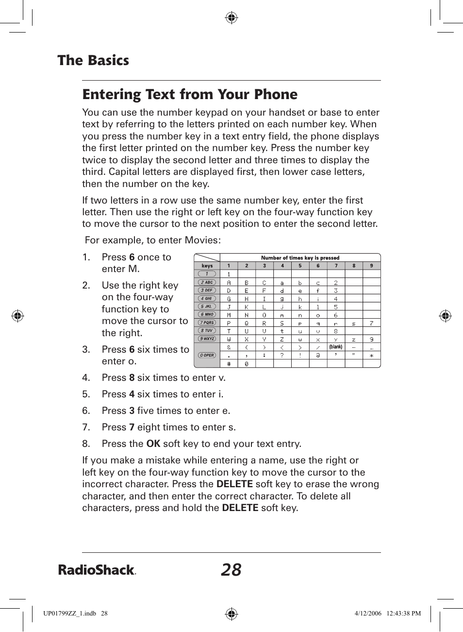 The basics, Entering text from your phone | Radio Shack 43-5862 User Manual | Page 28 / 96