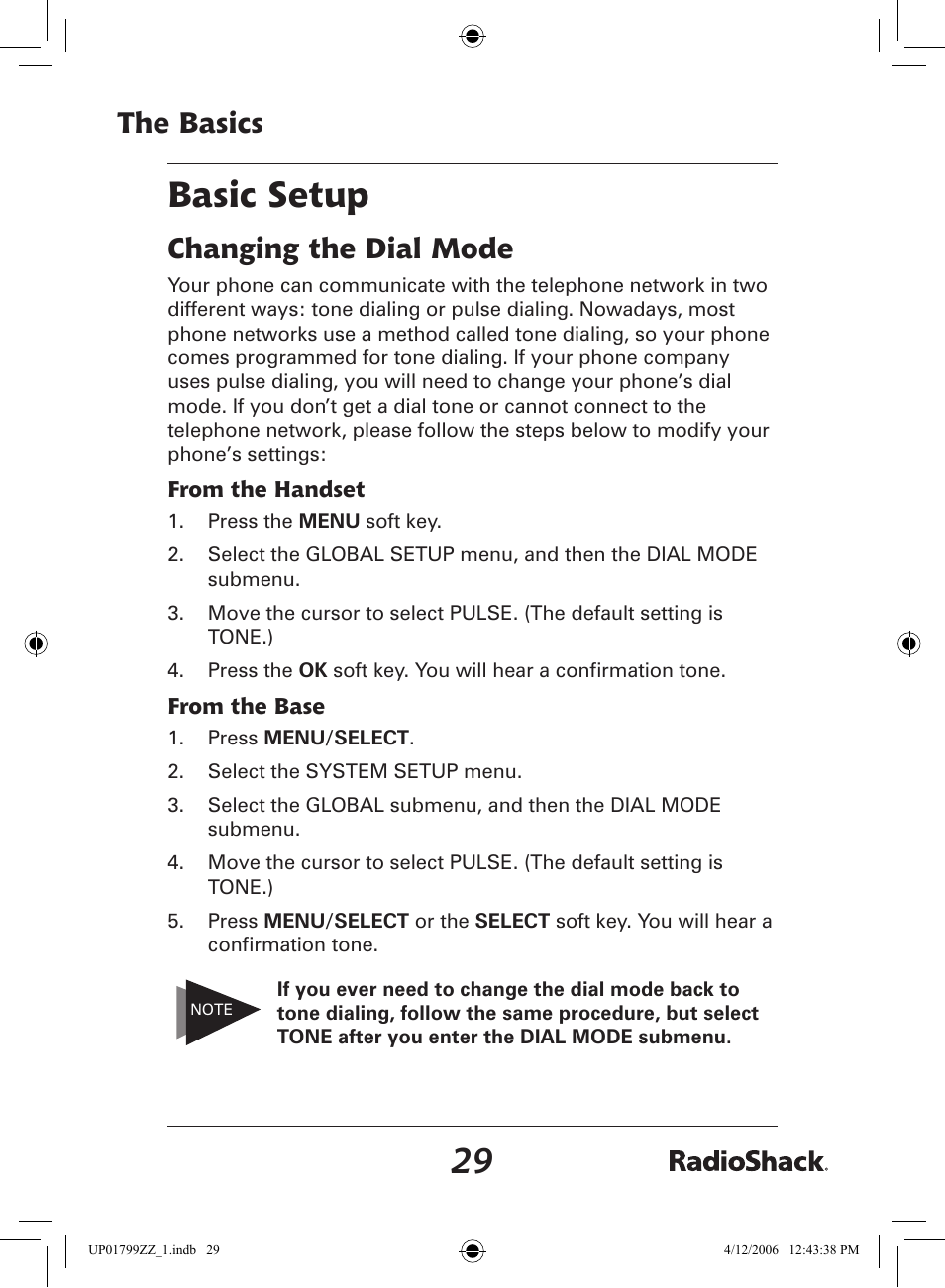 Basic setup, The basics, Changing the dial mode | Radio Shack 43-5862 User Manual | Page 29 / 96