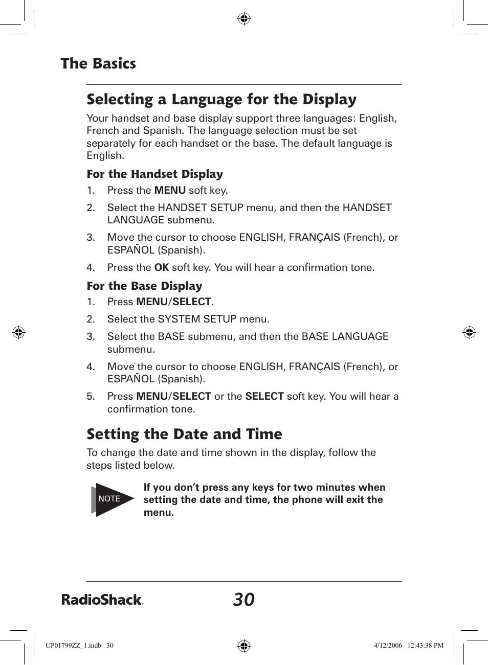 The basics, Selecting a language for the display, Setting the date and time | Radio Shack 43-5862 User Manual | Page 30 / 96