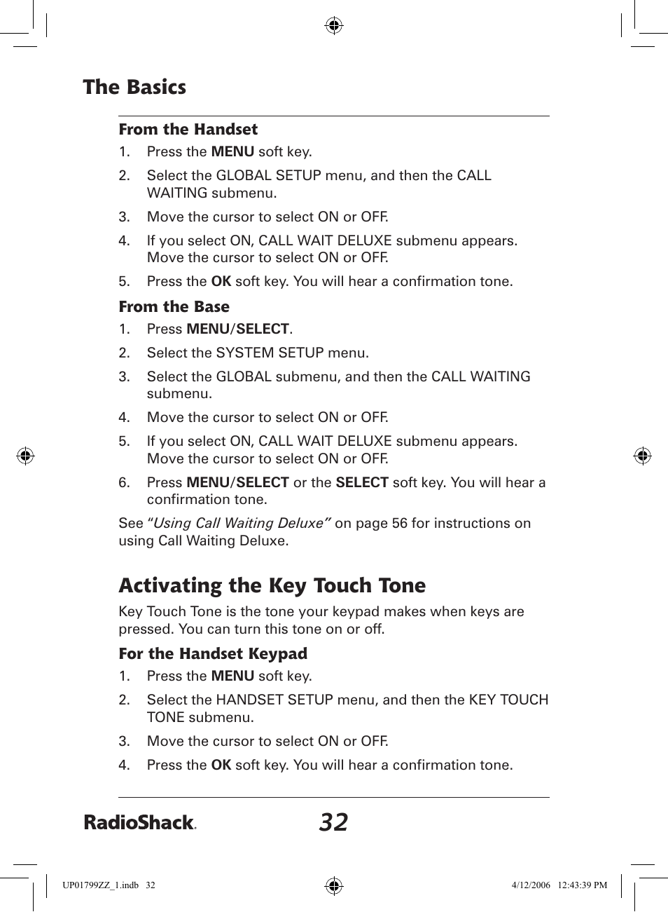 The basics, Activating the key touch tone | Radio Shack 43-5862 User Manual | Page 32 / 96