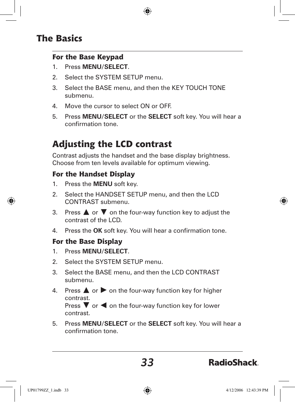 The basics, Adjusting the lcd contrast | Radio Shack 43-5862 User Manual | Page 33 / 96