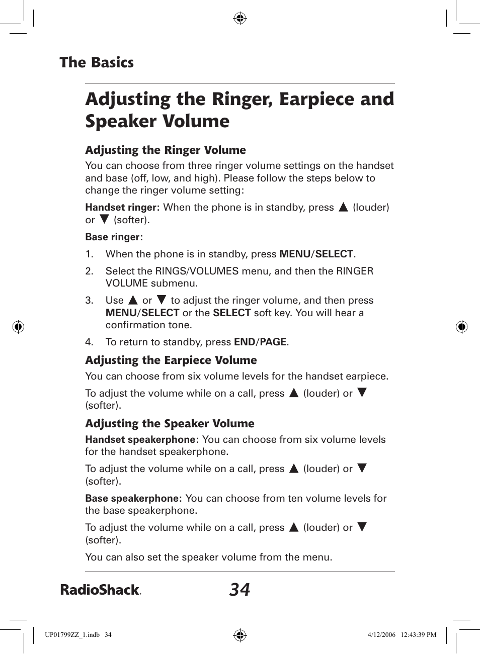 Adjusting the ringer, earpiece and speaker volume, The basics | Radio Shack 43-5862 User Manual | Page 34 / 96