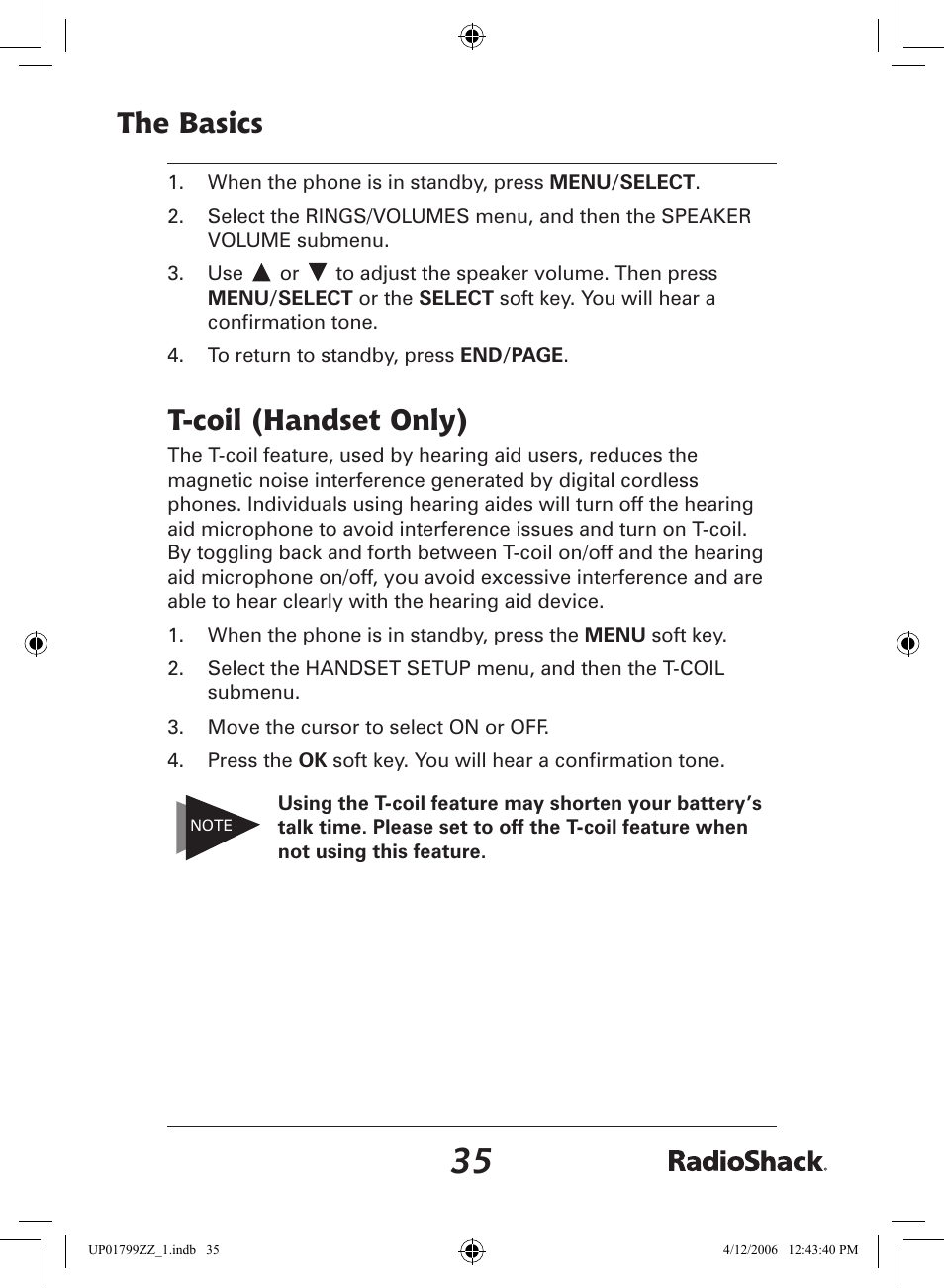 The basics, T-coil (handset only) | Radio Shack 43-5862 User Manual | Page 35 / 96