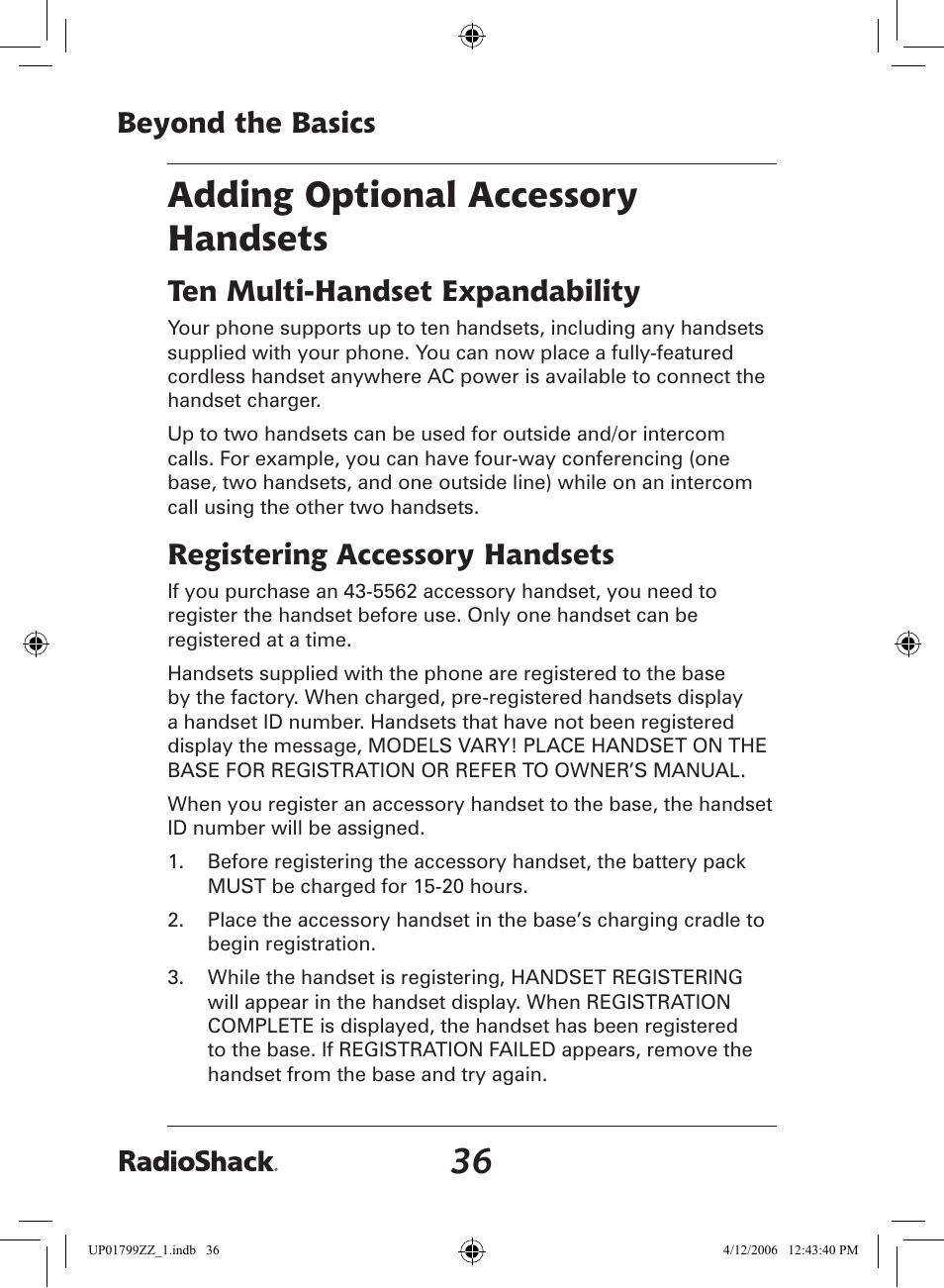 Adding optional accessory handsets, Beyond the basics, Ten multi-handset expandability | Registering accessory handsets | Radio Shack 43-5862 User Manual | Page 36 / 96