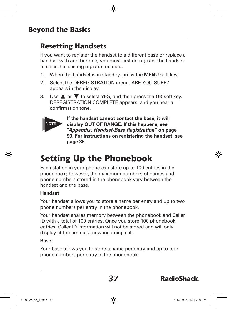 Setting up the phonebook, Beyond the basics resetting handsets | Radio Shack 43-5862 User Manual | Page 37 / 96