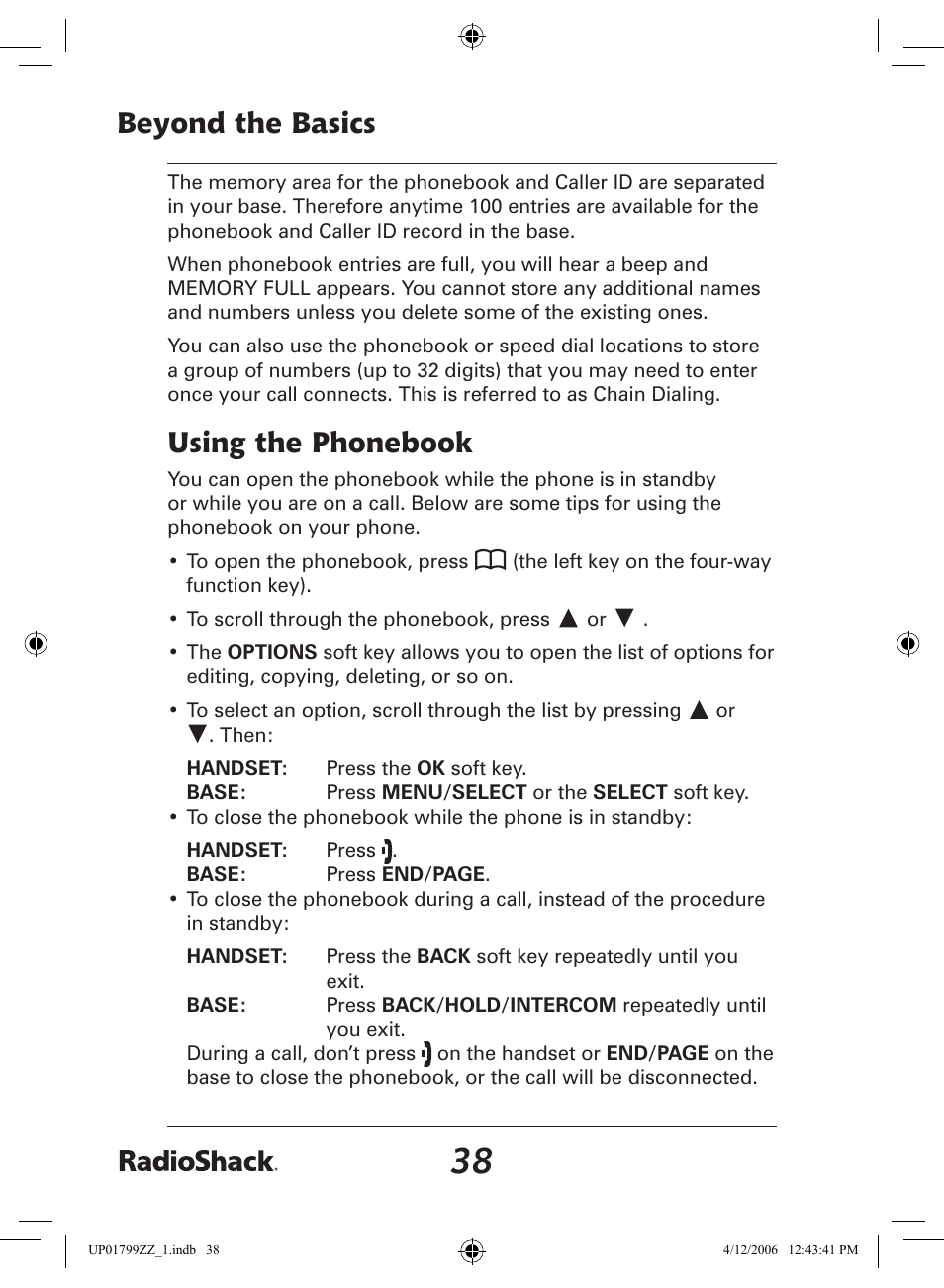 Beyond the basics, Using the phonebook | Radio Shack 43-5862 User Manual | Page 38 / 96