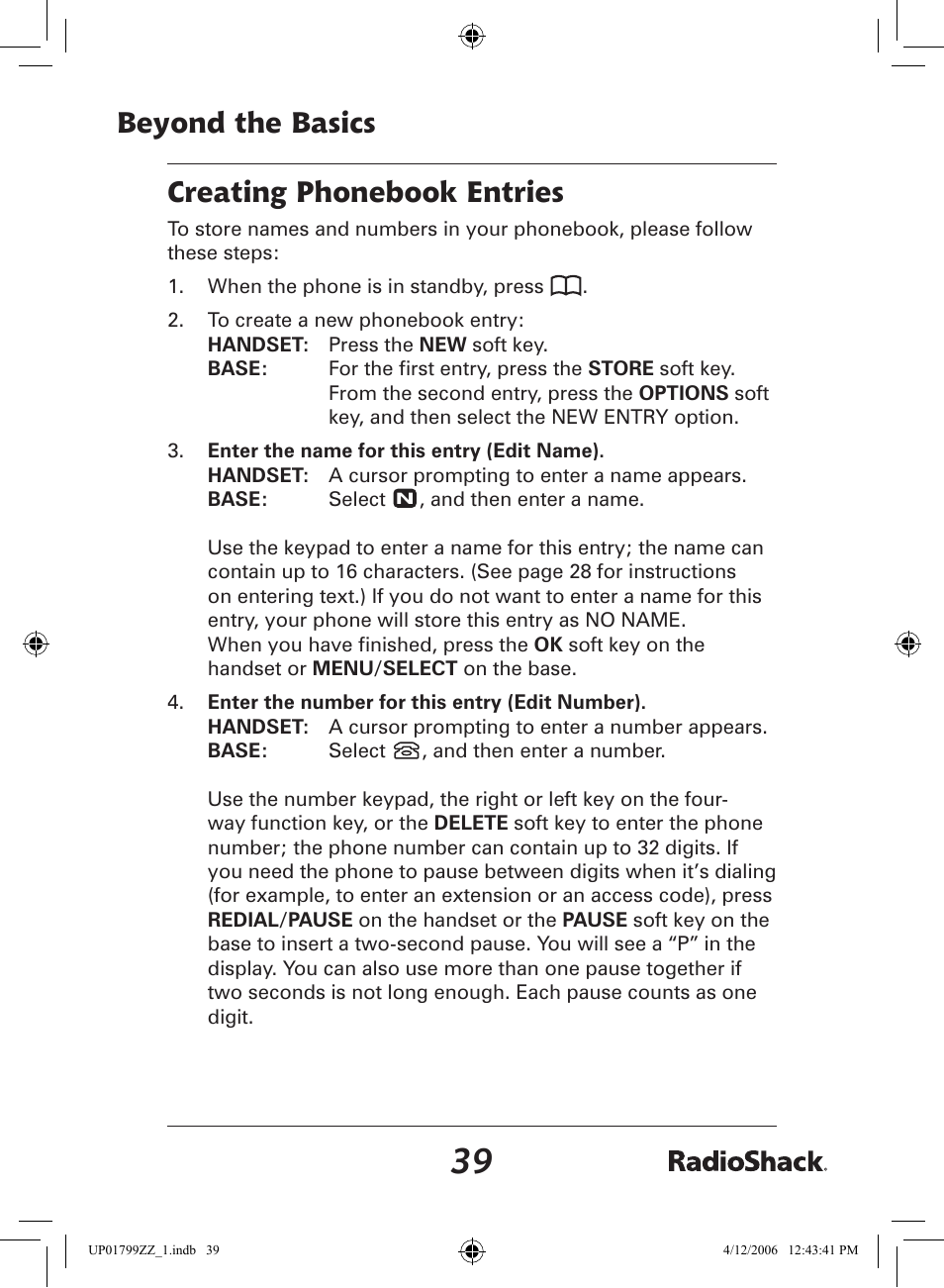 Beyond the basics creating phonebook entries | Radio Shack 43-5862 User Manual | Page 39 / 96