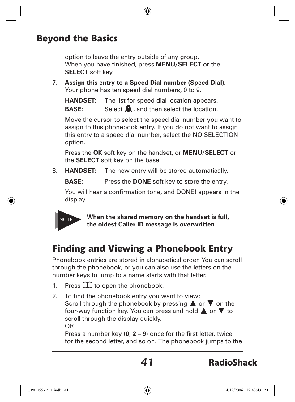 Beyond the basics, Finding and viewing a phonebook entry | Radio Shack 43-5862 User Manual | Page 41 / 96