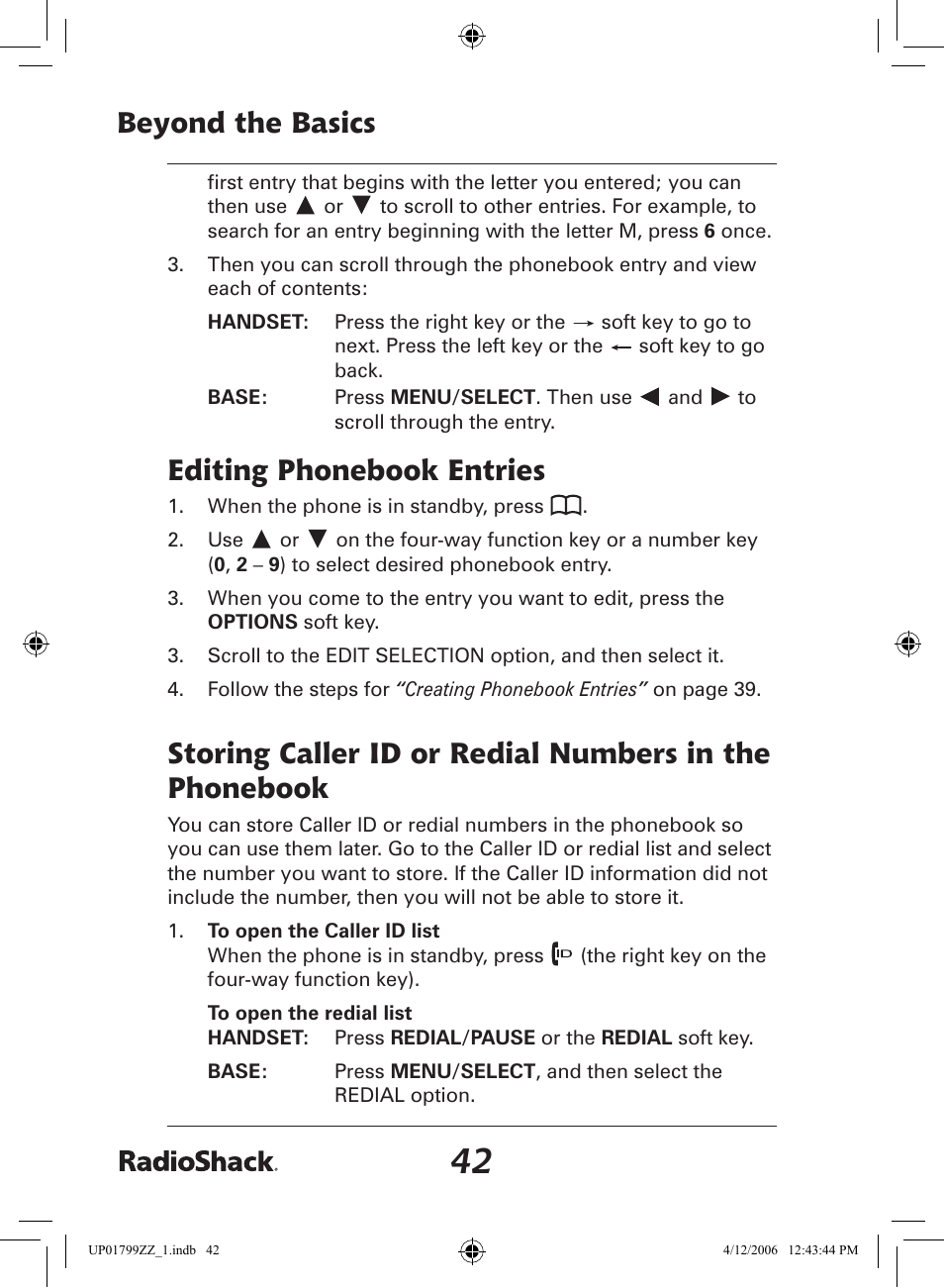 Beyond the basics, Editing phonebook entries | Radio Shack 43-5862 User Manual | Page 42 / 96