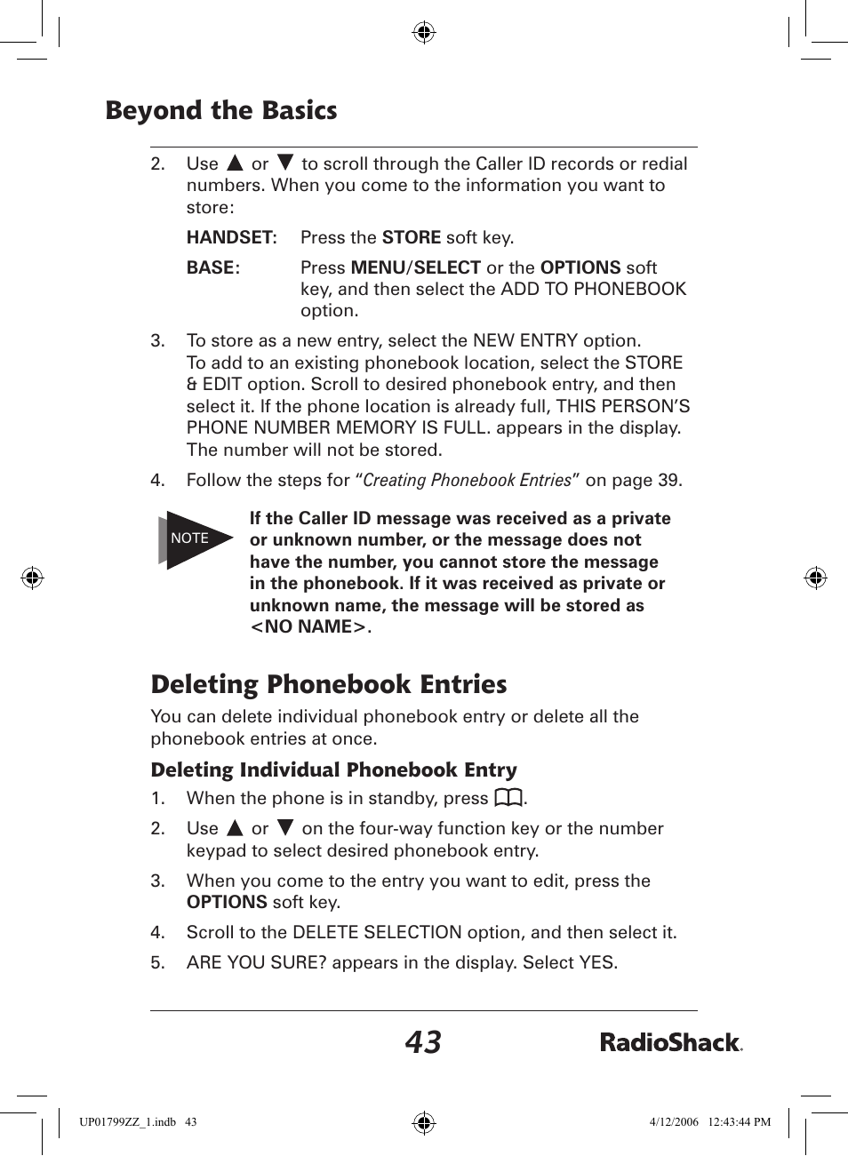 Beyond the basics, Deleting phonebook entries | Radio Shack 43-5862 User Manual | Page 43 / 96