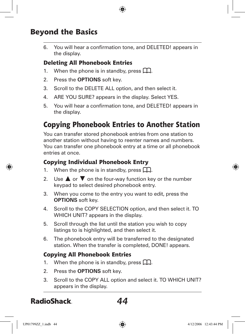 Beyond the basics, Copying phonebook entries to another station | Radio Shack 43-5862 User Manual | Page 44 / 96