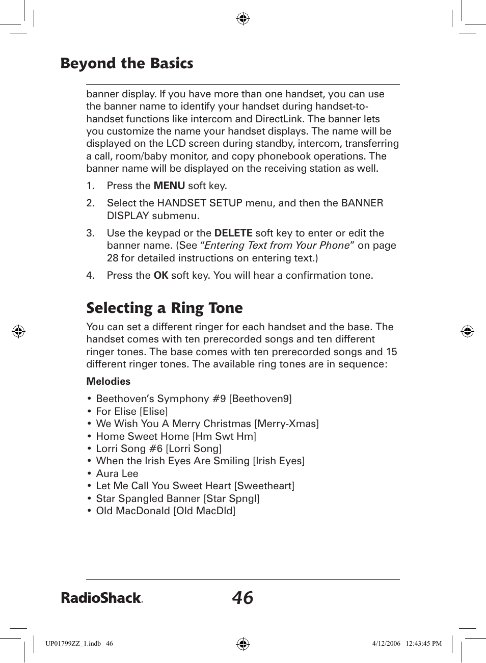 Beyond the basics, Selecting a ring tone | Radio Shack 43-5862 User Manual | Page 46 / 96